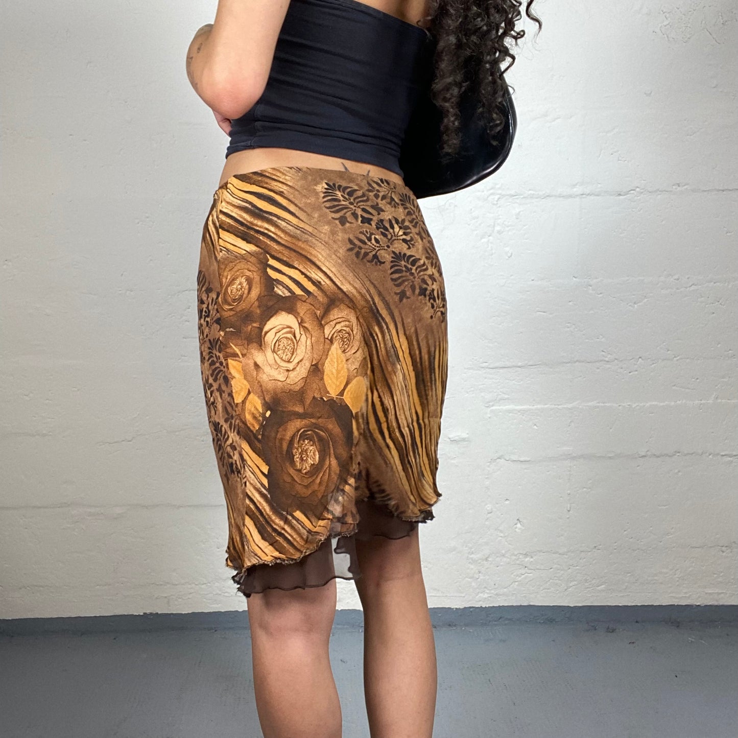 Vintage 2000's Romantic Brown and Yellow Chiffon Stripes and Flowers Printed Knee Length Skirt (S)