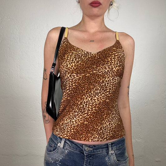 Vintage 2000's Cheetah Girl Yellow Toned Leo Printed Cami Top with Yellow Shoulder Stripes (S)