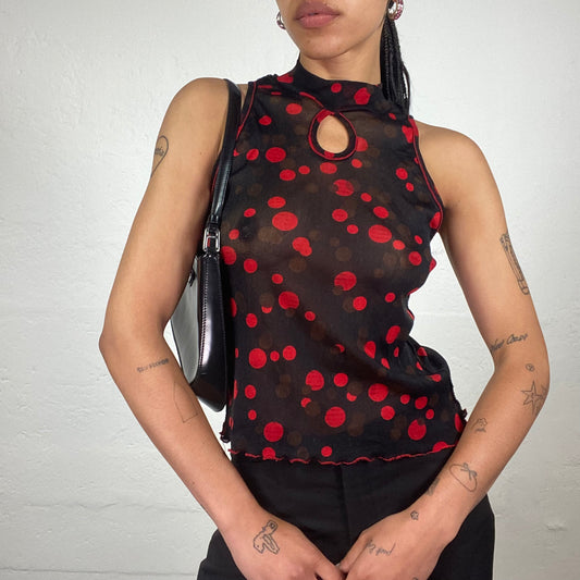 Vintage 2000’s Romantic Black Chiffon Turtleneck Sleeveless Top with Red Polka Dot Print (M)
