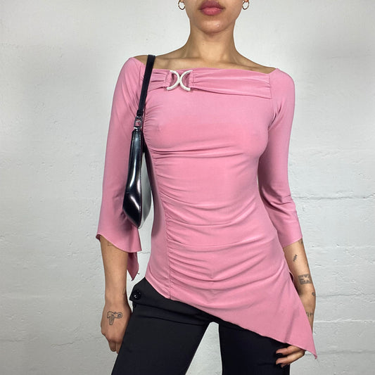 Vintage 2000's Romantic Pink Asymmetric 3/4 Flare Sleeves Long Top with Metal Detail (S)
