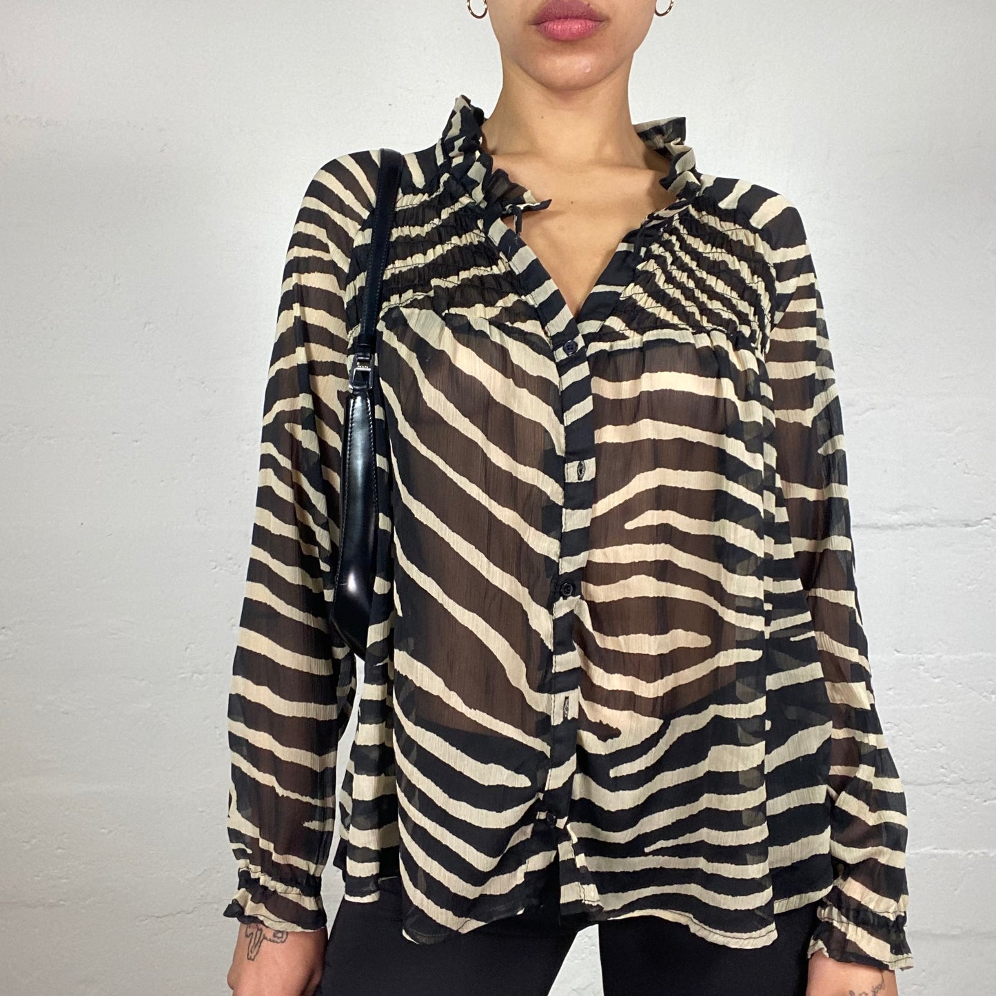 Vintage 2000's Romantic Chiffon Striped Black and Beige Button Up Shirt (M)