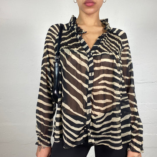 Vintage 2000's Romantic Chiffon Striped Black and Beige Button Up Shirt (M)