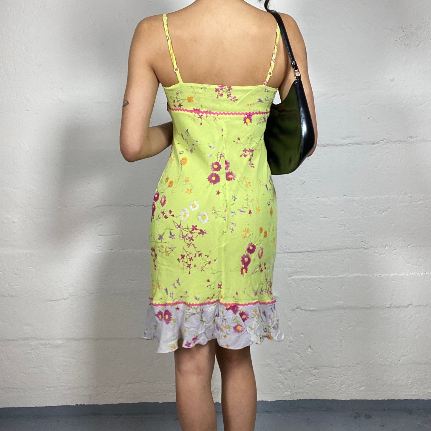 Vintage 2000's Summer Light Lime Green Cami Dress with Floral Print (S)