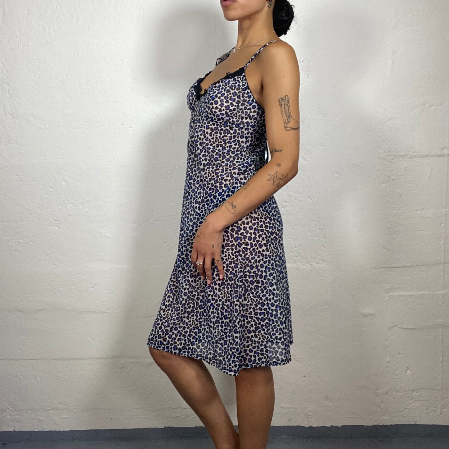 Vintage 2000's Soft Girl Summer Blue Toned Half See Through Chiffon Mini Leo Print Cami Dress (S)