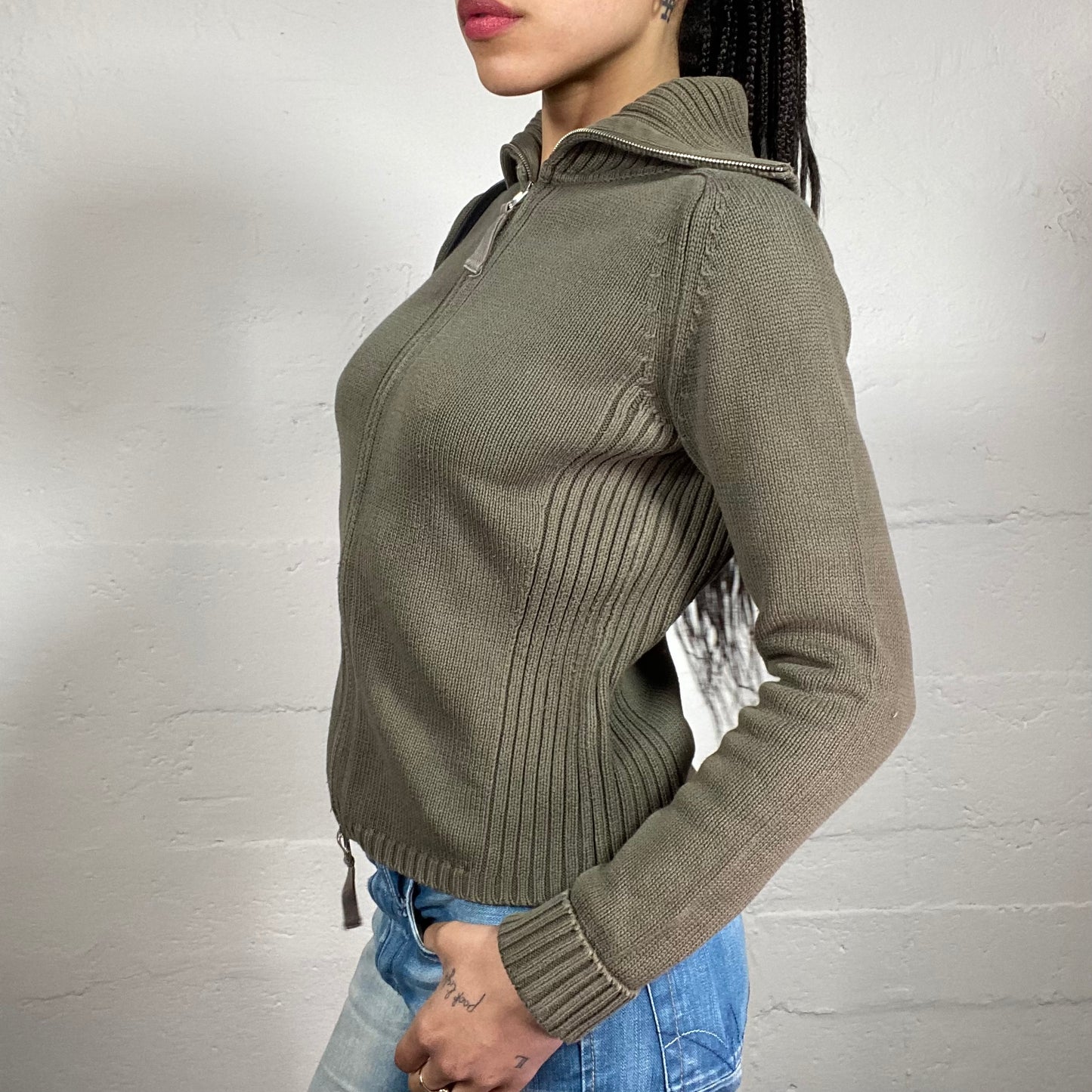 Vintage 2000’s Casual Evening Knitted Faded Green Zip Up Sweater (M)