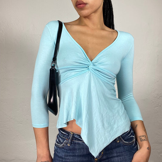Vintage 2000's Cute Romantic Summer Blue 3/4 Sleeve V-Cut Asymmetric Trim Draped Top (S)