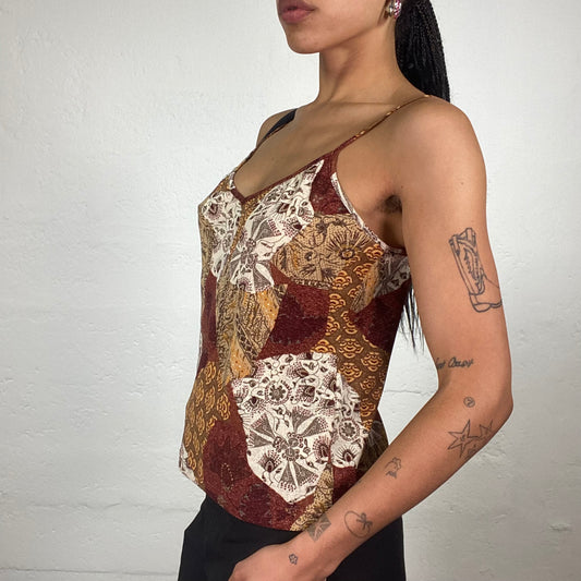 Vintage 2000’s Boho Girl Earth Tones Patched Abstract Print Cami Top (M)