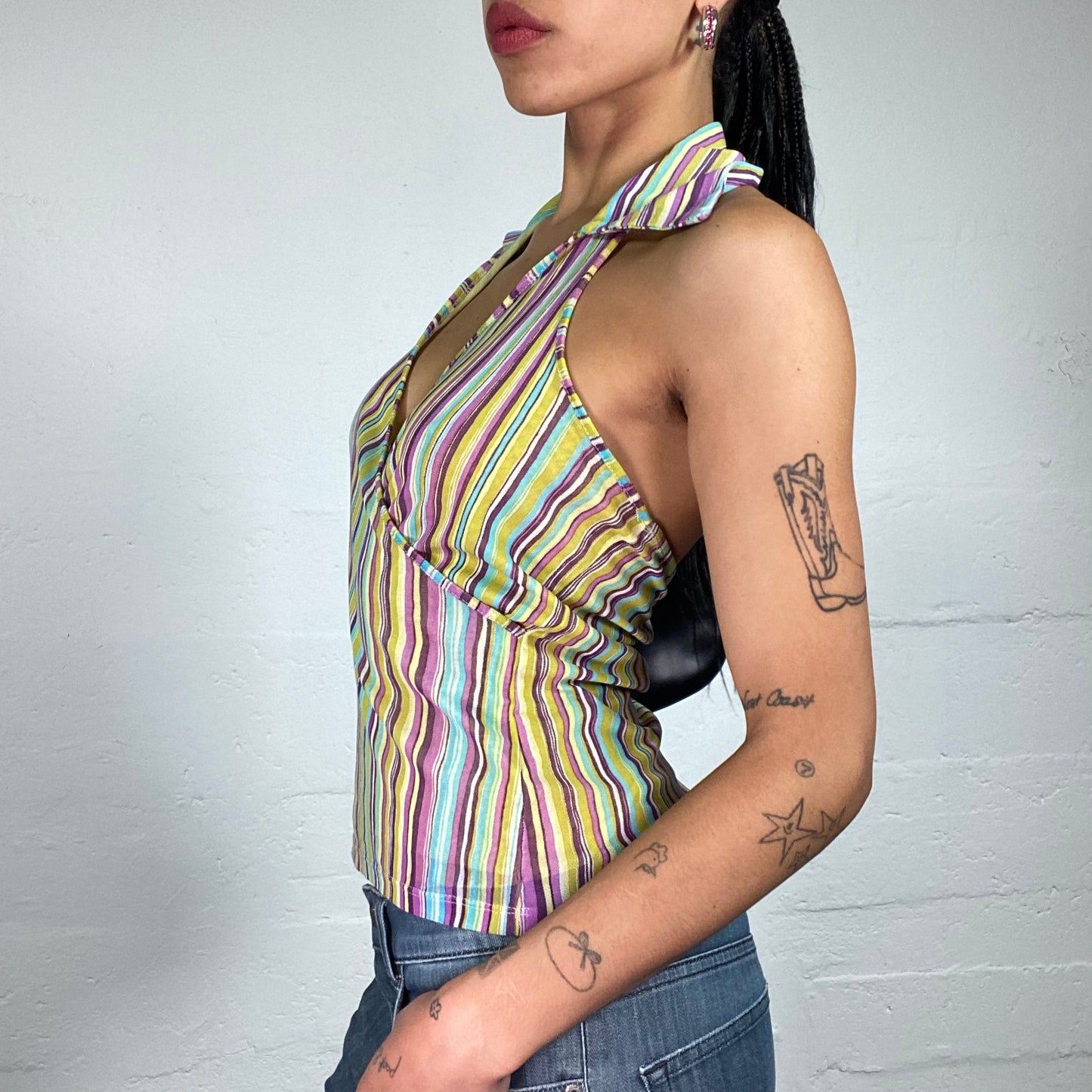 Vintage 2000's Funky Multicolour Stripes Printed Wrap Up Effect Collared Neckholder Top (M)