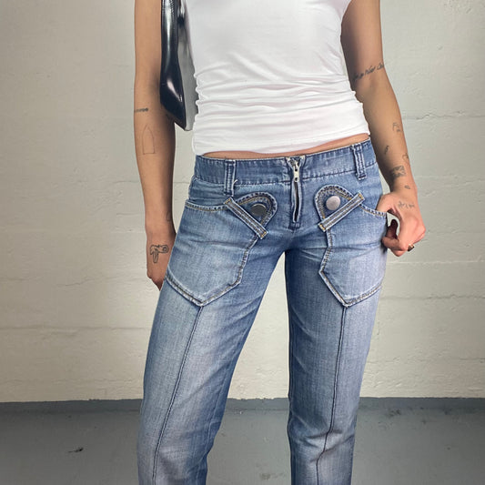Vintage 2000's Miss Sixty Blue Denim Low Rise Straight Cut Jeans with Front Special Shaped Pockets (S)