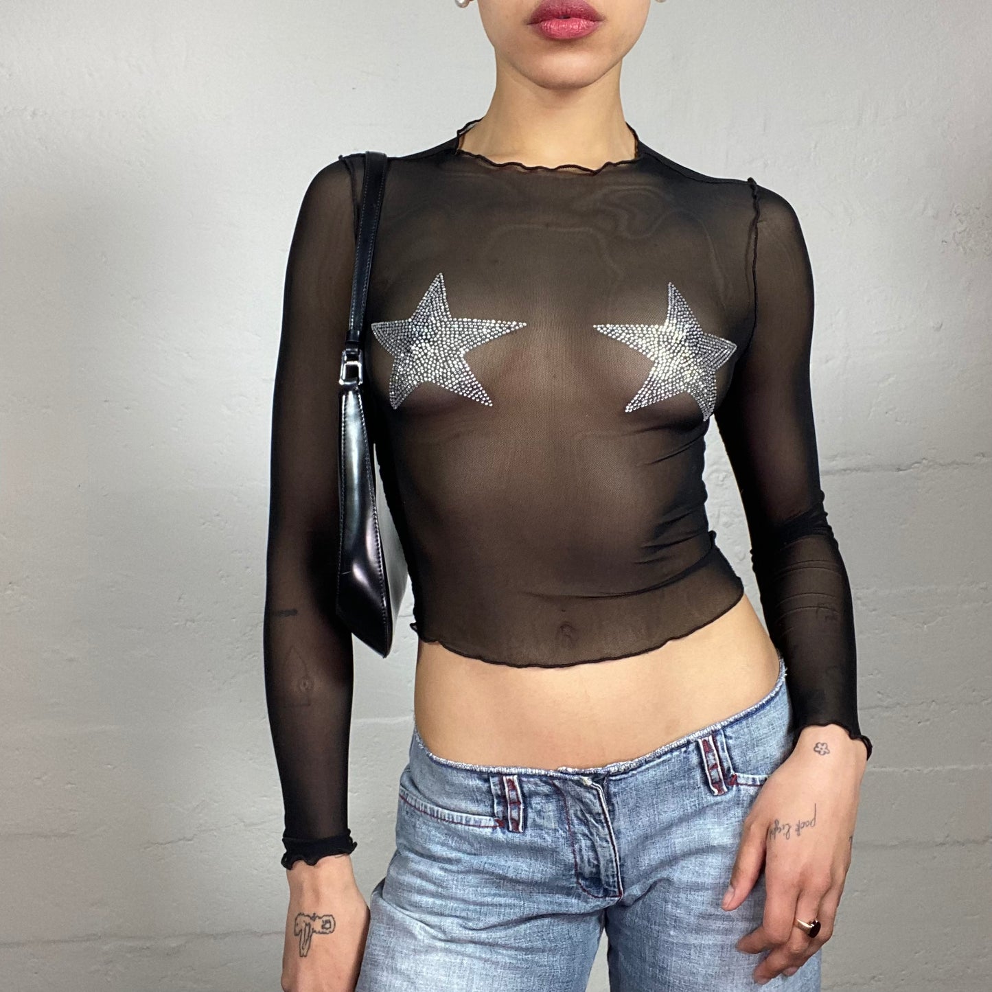 Vintage 2000's Popstar Mesh See Through Black Longsleeve Top with Silver Stars (S)