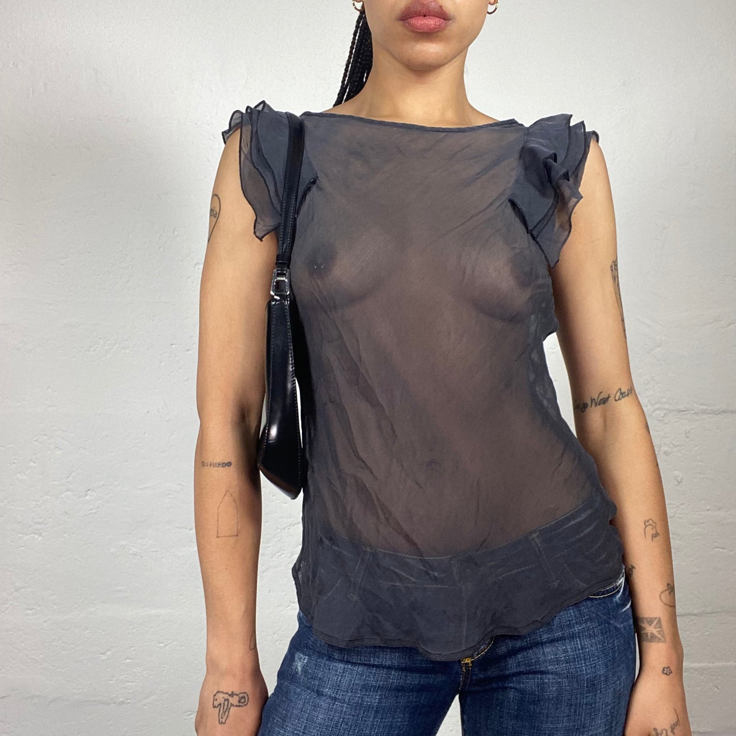 Vintage 2000's Romantic Dark Grey Chiffon See Through Top with Ruffled Shoulder Details (S)