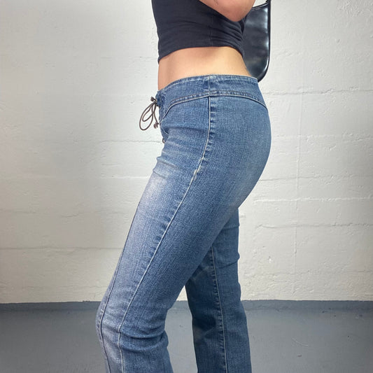 Vintage 2000's Cowgirl Style Classic Blue Denim Low Waisted Flare Jeans with Laced Up Closing (S)