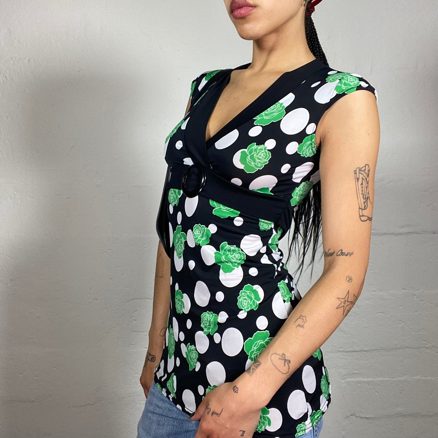 Vintage 2000's Glam Black Coquette Fit Long Top with White and Green Print and Metal Ring Detail (S)