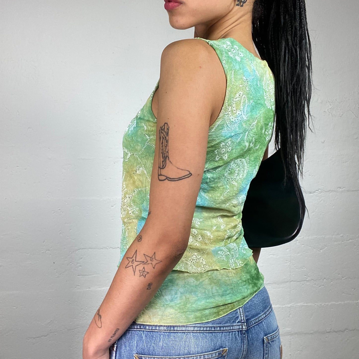 Vintage 2000's Boho Girl Blue and Green Tie Dye Layered White Printed Top (M)