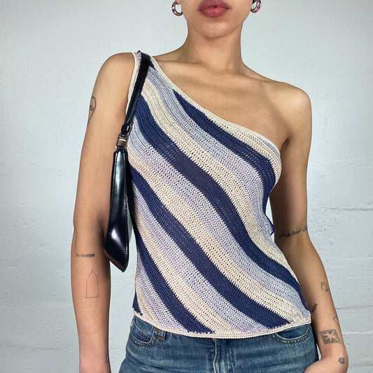 Vintage 2000's Funky Shimmer Jersey Striped One Shoulder Top (M)