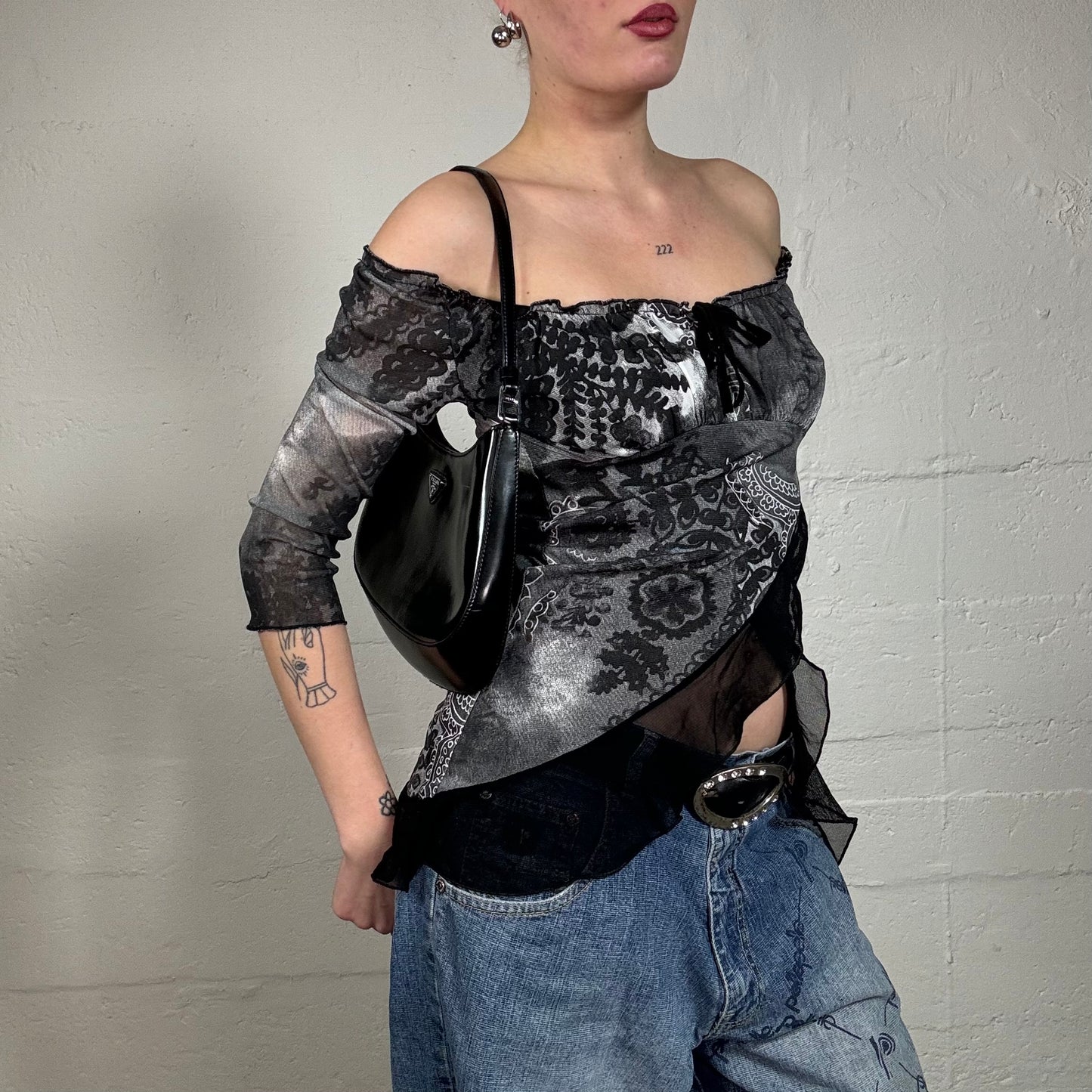 Vintage 2000's Indie Off Shoulder Longsleeve Top Slit and Tie Detail (S)