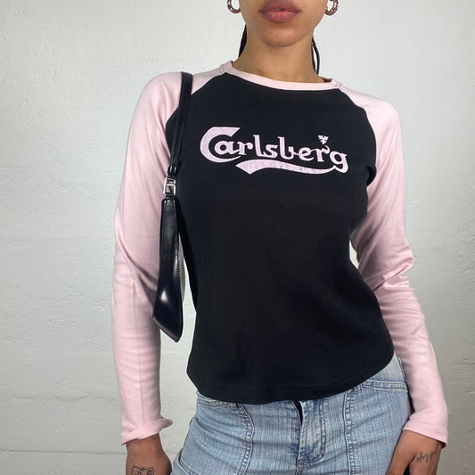 Vintage 2000’s Downtown Girl Baby Pink and Black Longsleeve Top with Pink Typography Print (M)
