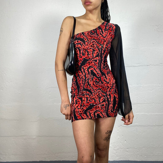 Vintage 2000's Cowgirl Black and Red Asymmetric One Shoulder Mini Dress with Abstract Print and Sequin Details (S/M)