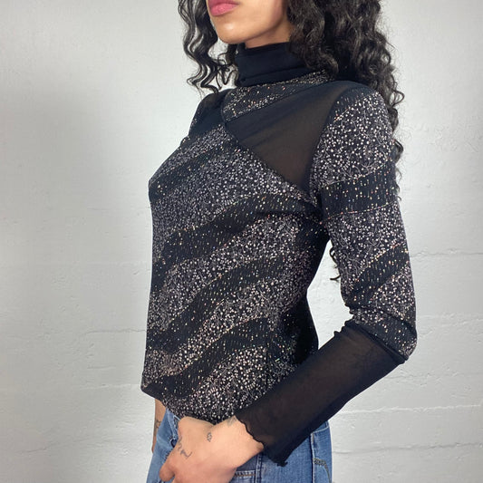 Vintage 2000's Rainy Saturday Black Shirt Jersey and Mesh Turtleneck Top with Sequins Embroidery (S)