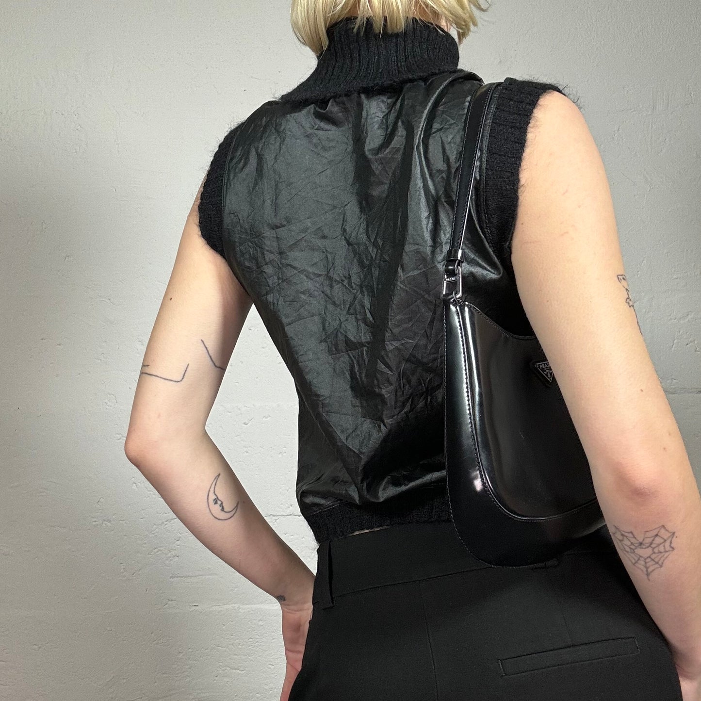 Vintage 2000's Grungy Black Glossy High Neck Tank Top with Knitted Details (S)