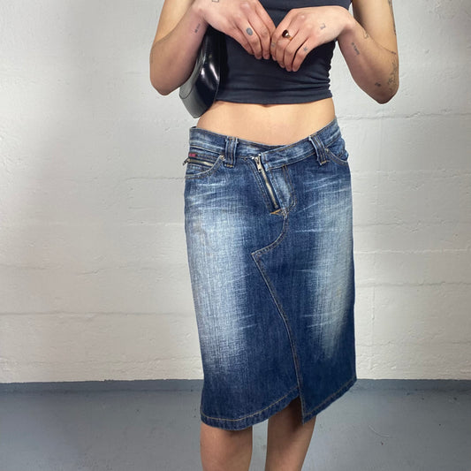 Vintage 2000's Summer Walk Low Waisted Dark Denim Washed Out Effect Asymmetric Midi Skirt (L)