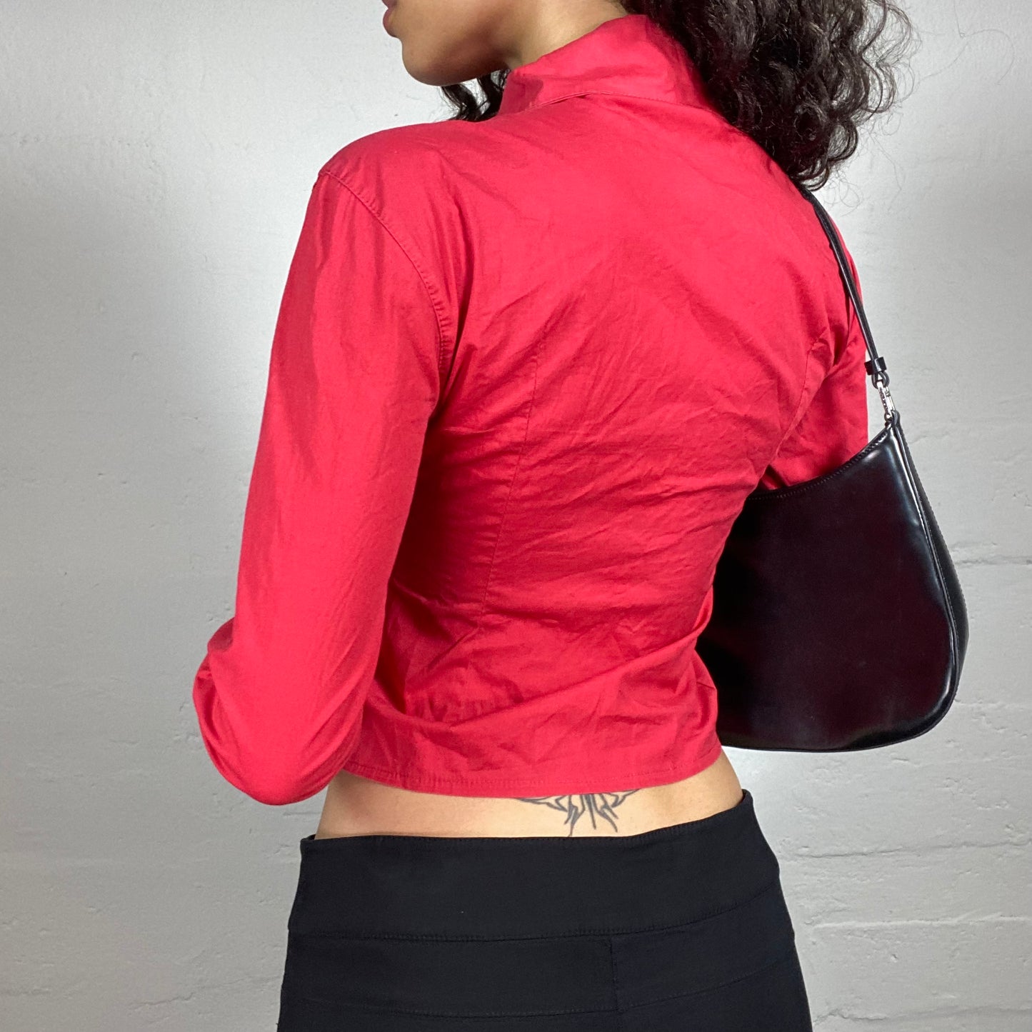 Vintage 2000's Office Girl Red Zip Up Shirt with Collar (S)