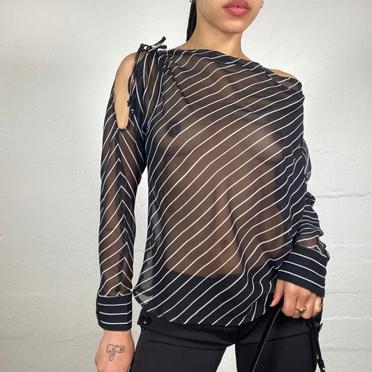 Vintage 2000's Office Girl Black Chiffon See Through White Stripes Shirt with Open Shoulders (L)