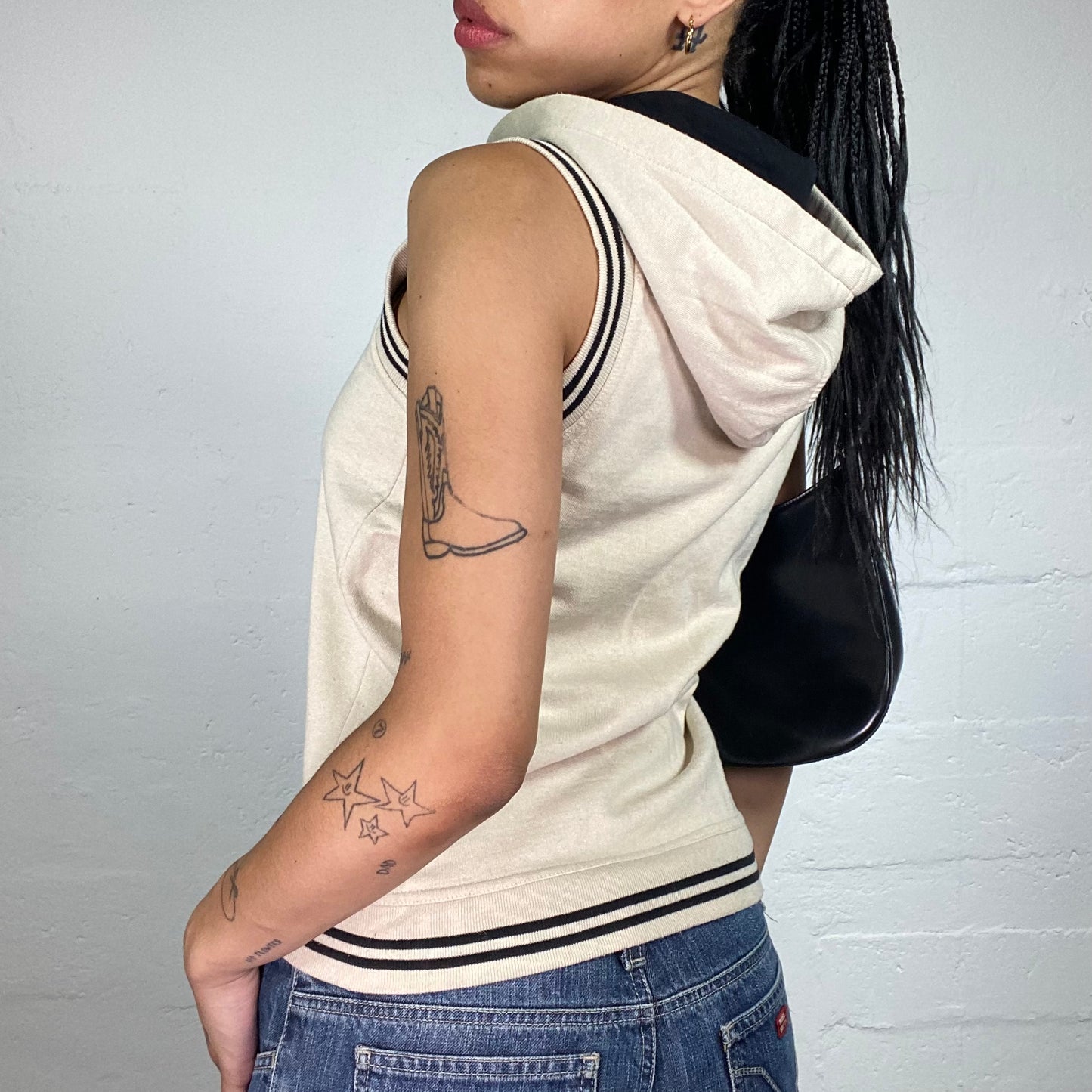 Vintage 2000's Sporty Beige Jersey Sleeveless Zip Up Hoodie with Black Details (S)