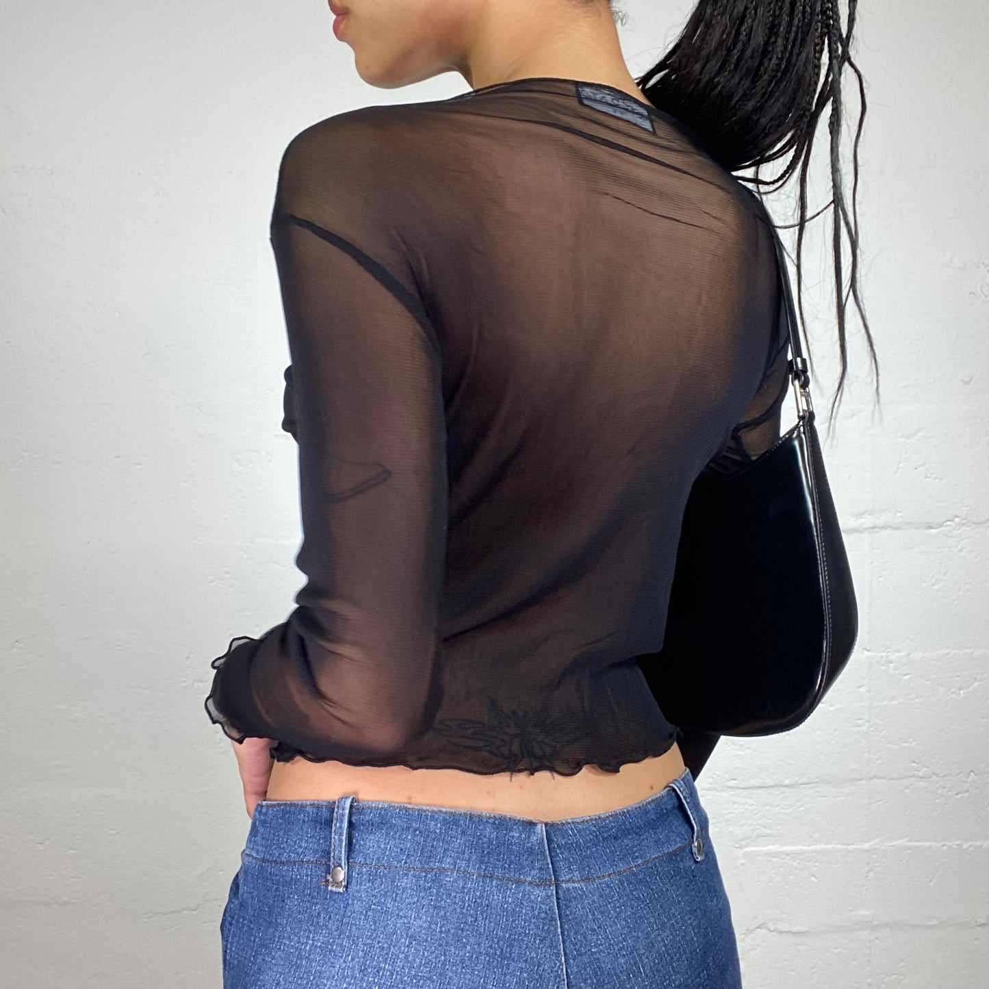 Vintage 2000's Clubwear Black Mesh See Through Longsleeve Top (S)