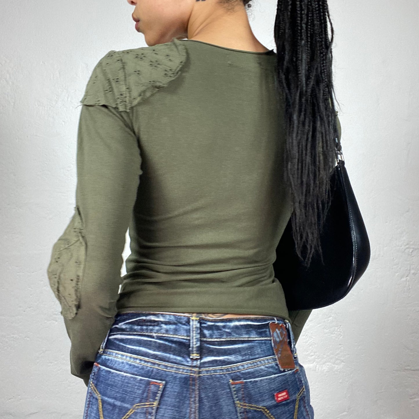 Vintage 2000's Downtown Girl Khaki Green Longsleeve Top with Patches and Sequin Embroidery (S)