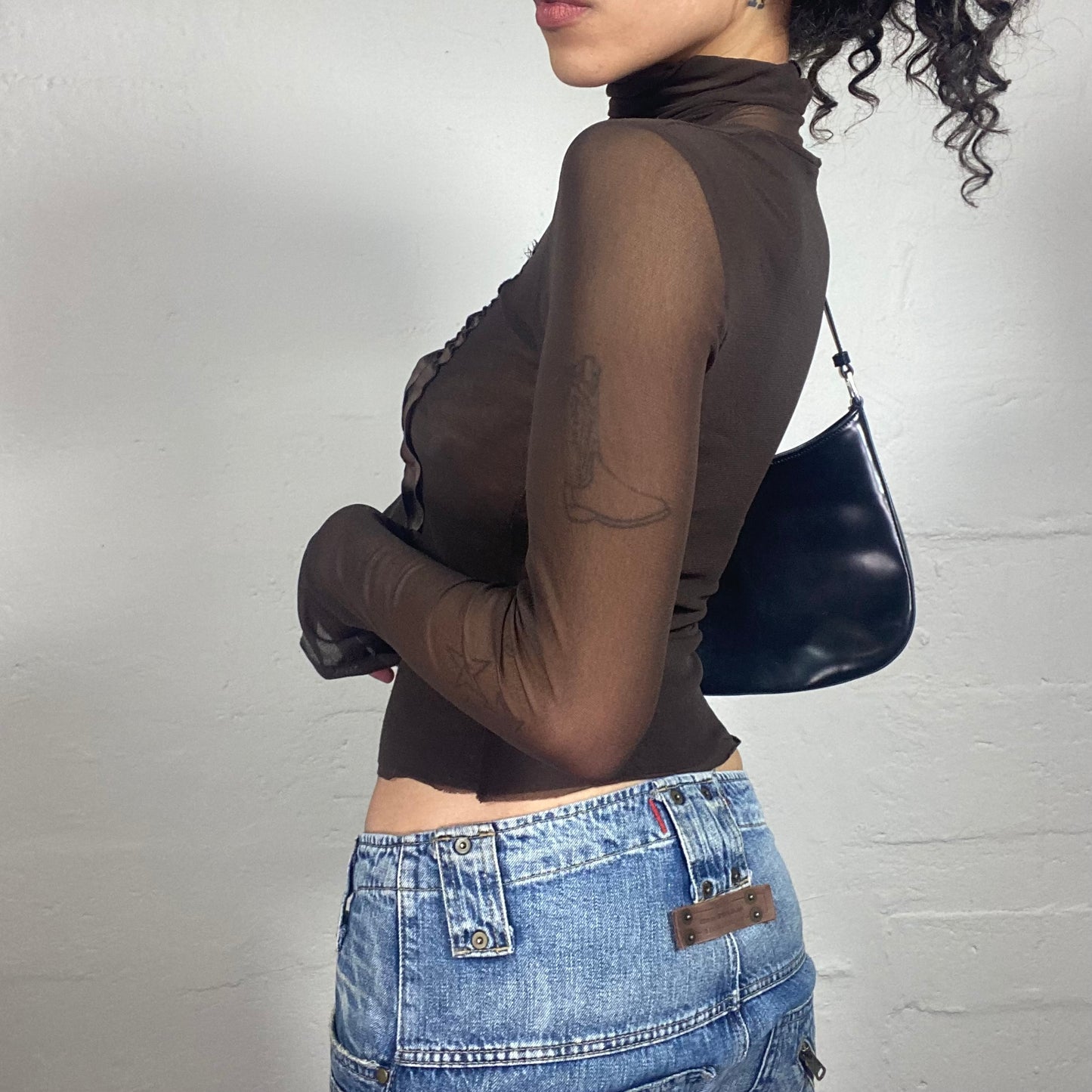 Vintage 2000's Glam Brown Mesh Turtle Neck Longsleeve Top with Satin Embroidery (S)