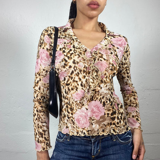 Vintage 2000's Cheetah Girl Beige Toned Leo Print Longsleeve V-Cut Collared Top with Pink Roses Details (S/M)