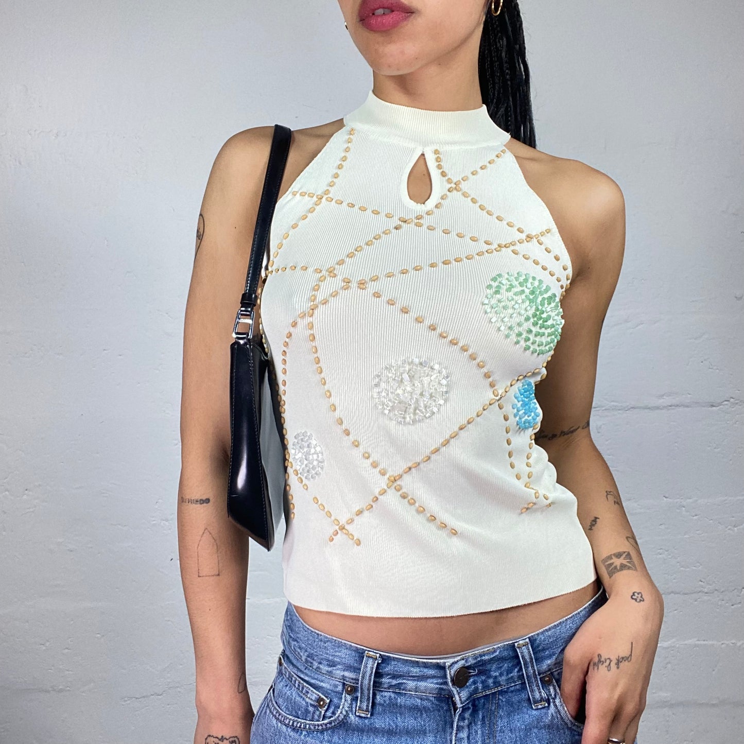 Vintage 2000's Glam White Jersey Turtleneck Sleeveless Top with Sequin Embroidery (S)