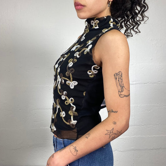 Vintage 2000's Chic Black Sleeves Turtleneck Top with Beige and White Decorative Embroidery (L)