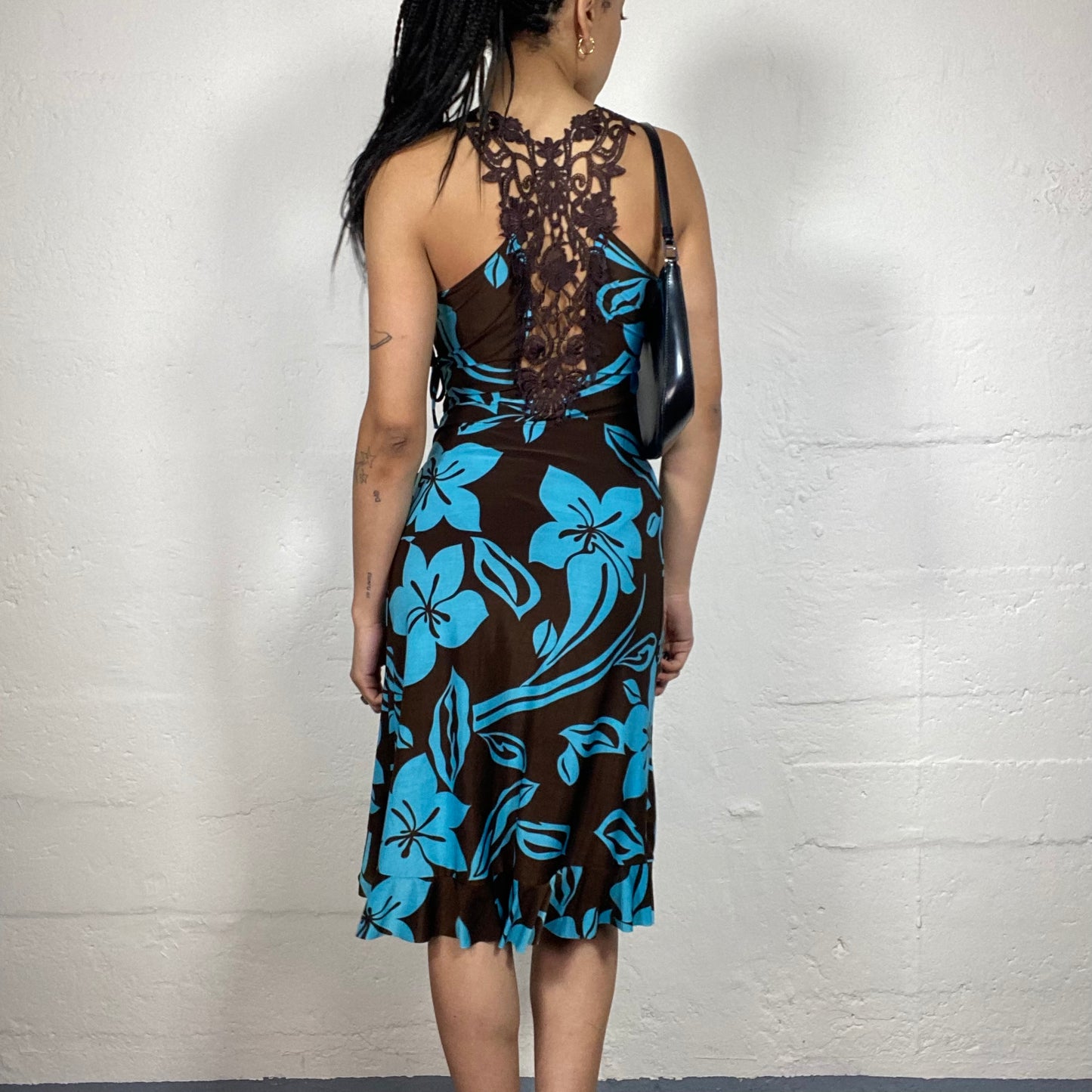 Vintage 2000's Glamorous Summer Brown and Aquamarine Blue Midi Dress with Tropical Print and Back Crochet (S)