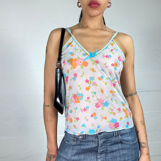 Vintage 2000's Summer Soft Girl White Mesh See Through Cami Top with Blue and Orange Mini Flowers Print (M)