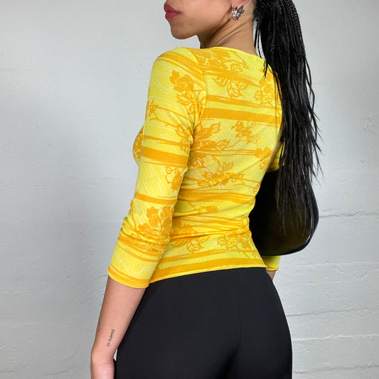 Vintage 2000's Summer Girl Yellow Longsleeve Top with Matching Tone Boho Style Print (M)