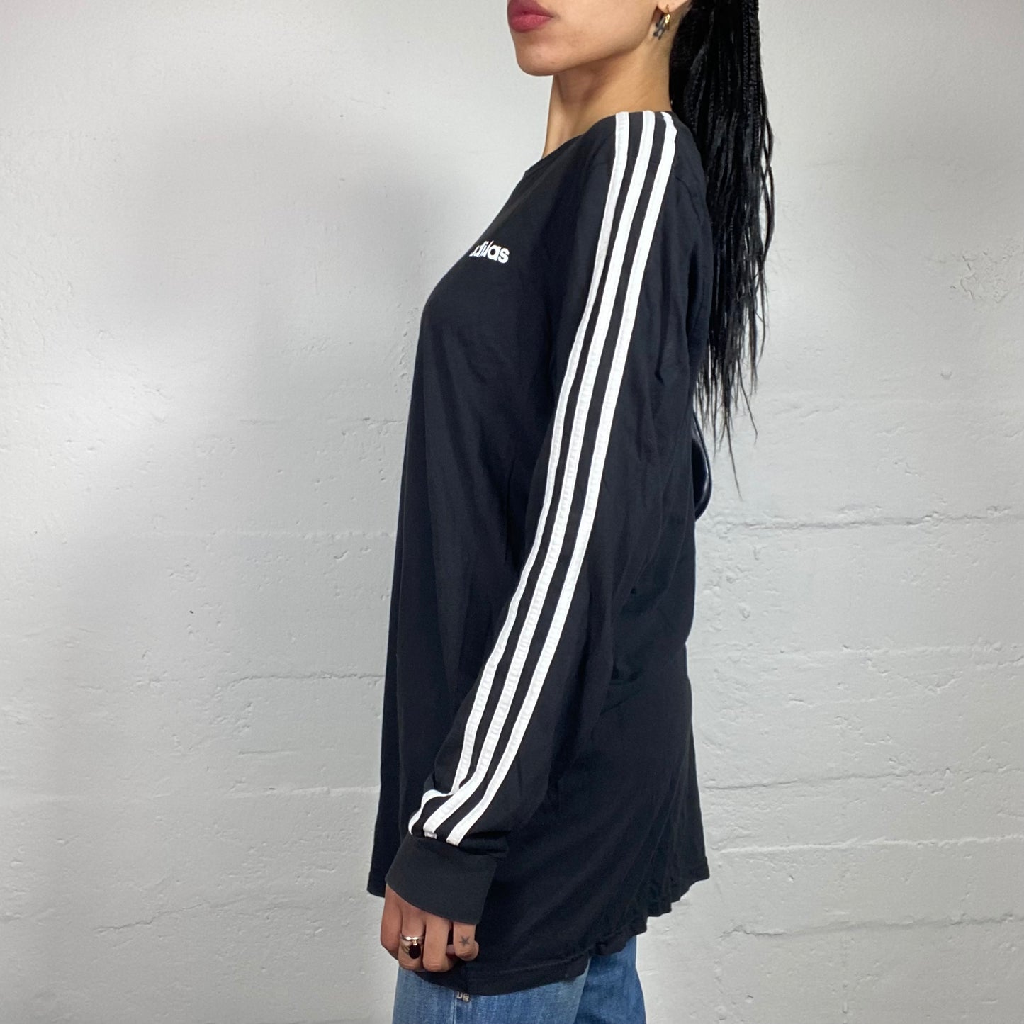 Vintage 2000's Archive Adidas Black Longsleeve Top with White Side Stripes and Logo (L)