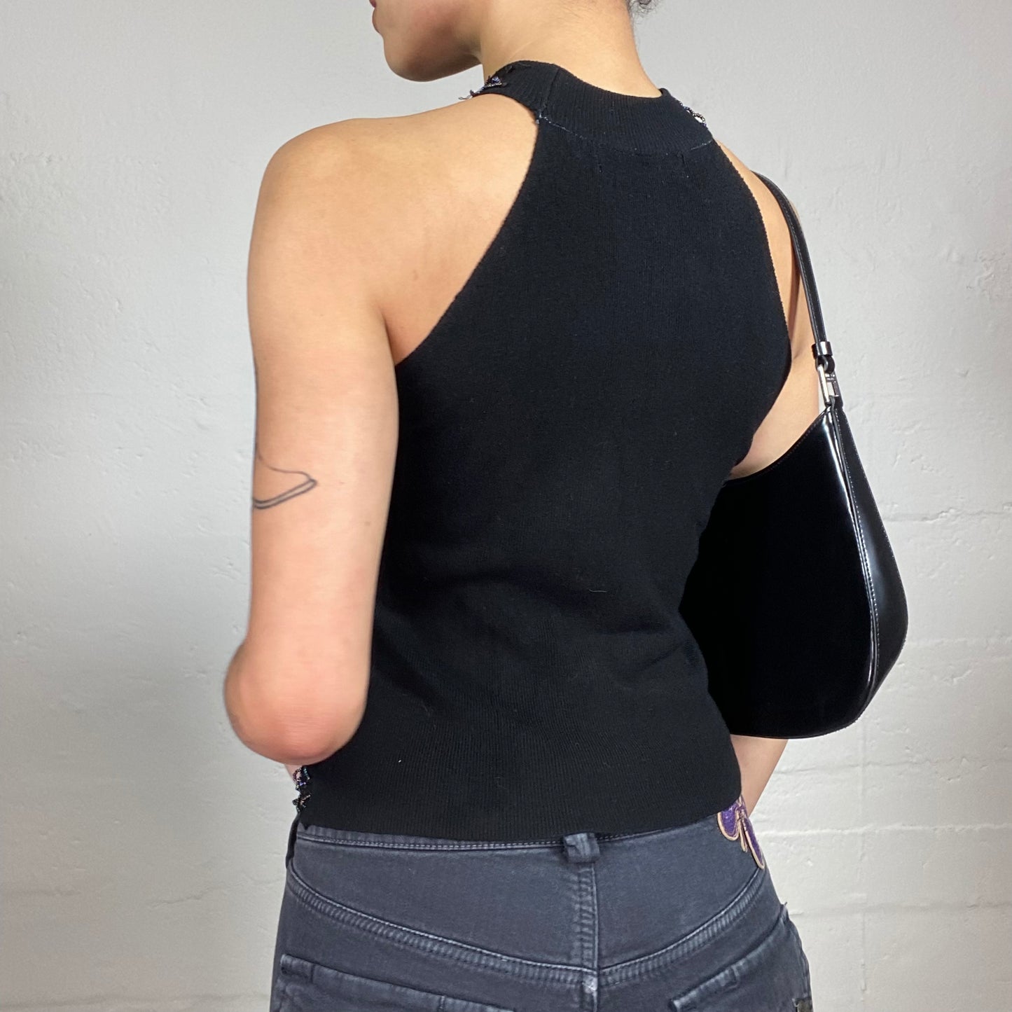 Vintage 2000's Chic Clubwear Black Neckholder Tank Top with Sequins Decorations (S)