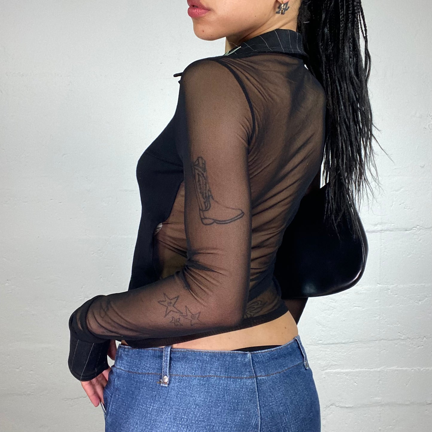 Vintage 2000's Office Girl Black Longsleeve Mesh See Through Top with Floral Printed Collar (M)
