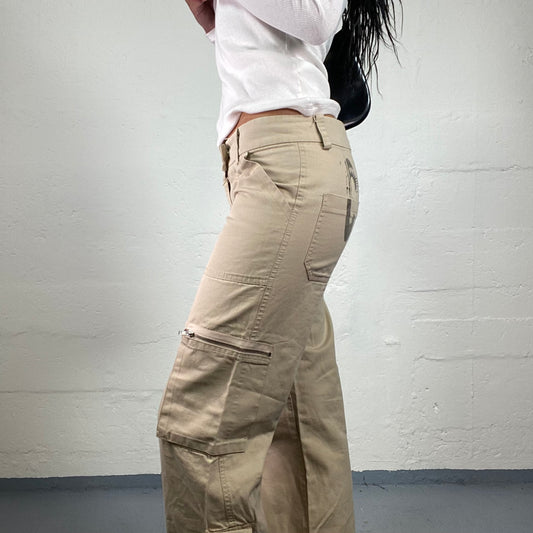 Vintage 2000's Hip-Hop Beige Straight Cut Cargo Pants with Pockets and Back Code Print (S)