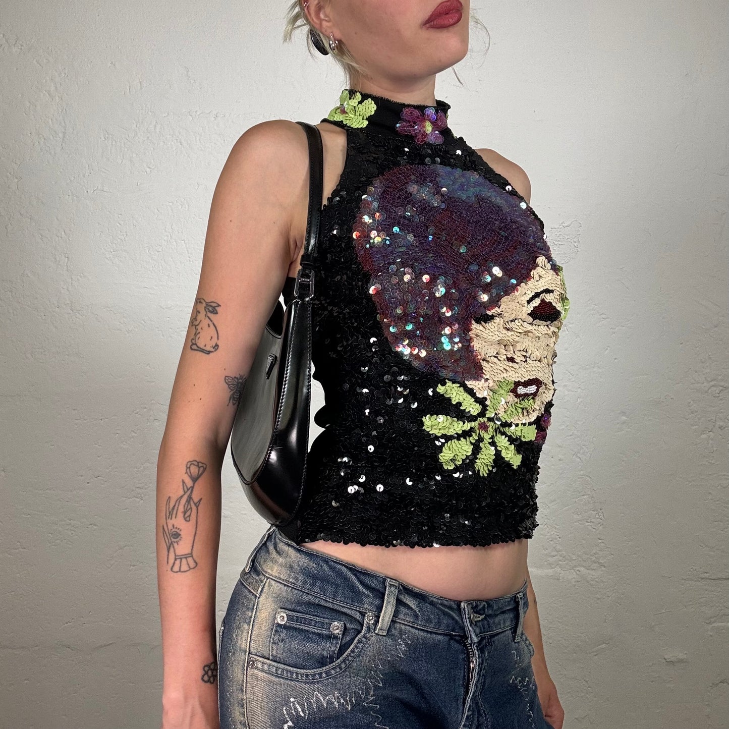 Vintage 2000's Funky High Neck Black Sequin Top with Female Face Print (s)