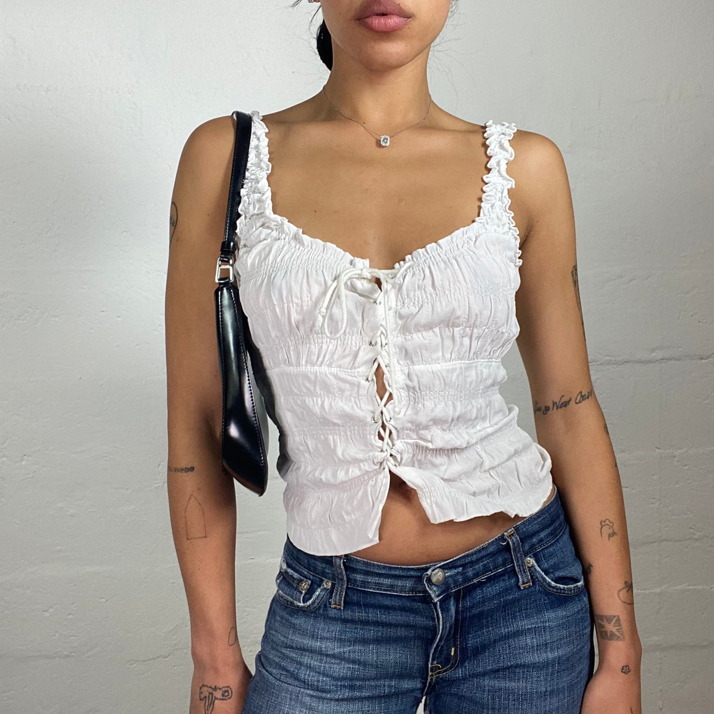 Vintage 2000's Soft Girl White Ruffled Pleated Lace Up Cami Top (S)