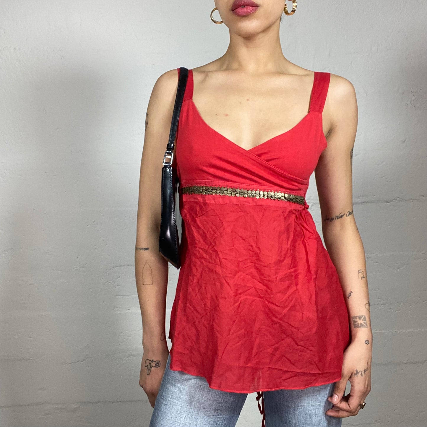 Vintage 2000's Summer Chic Red Shiffon Top with Gold Underbra Detail and Back Binding (M)