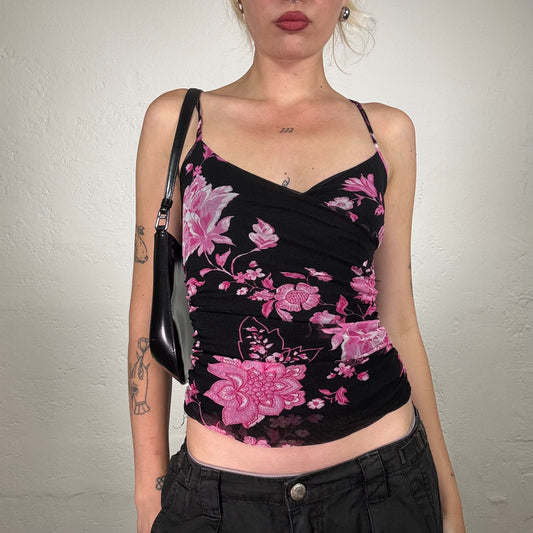 Vintage 2000's Romantic Black Chiffon Wrap Up Pink Floral Print Cami Top (S)