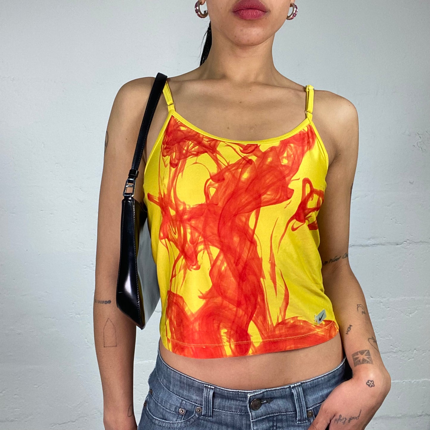 Vintage 2000's Nike Summer Girl Yellow Mini Cami Top with Red Abstract Fire Print (L)