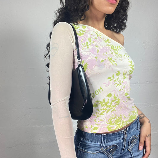 Vintage 2000's Garden Fairy White Mesh Asymmetric Top with Leaves Print (S)
