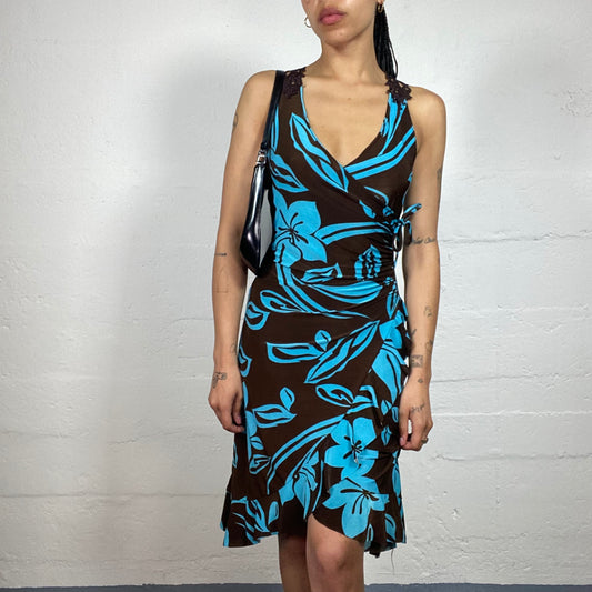 Vintage 2000's Glamorous Summer Brown and Aquamarine Blue Midi Dress with Tropical Print and Back Crochet (S)