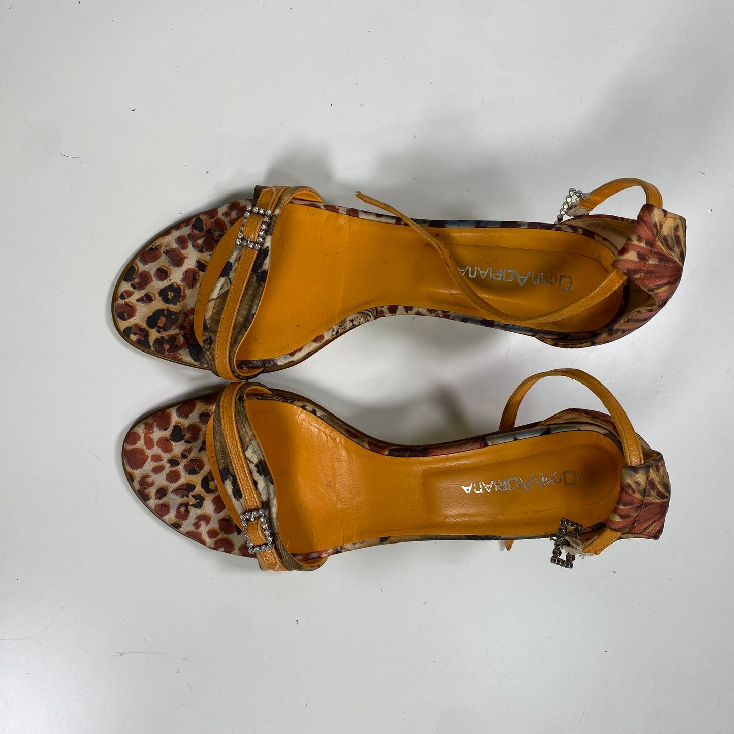 Vintage 2000's Glamorous Yellow and Brown Toned Leo Print Open Toe Heels with Rhinestone Detail (39)