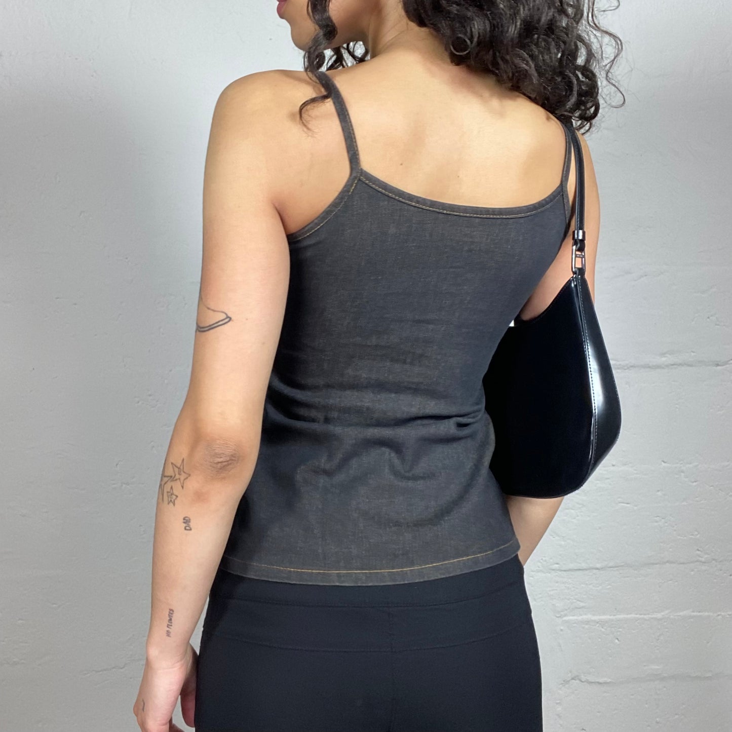 Vintage 2000's Boho Dark Denim Belted Cami Top with Orange and Yellow Embroidery Accents (XS)